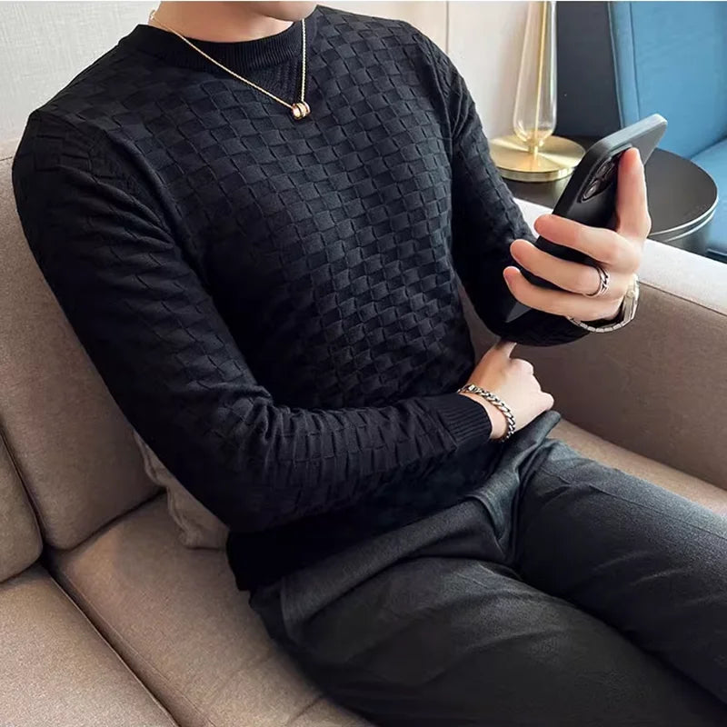 Men's Autumn/Winter O-Neck Sweater – Elastic Jacquard, Slim Fit, Warm Pullover