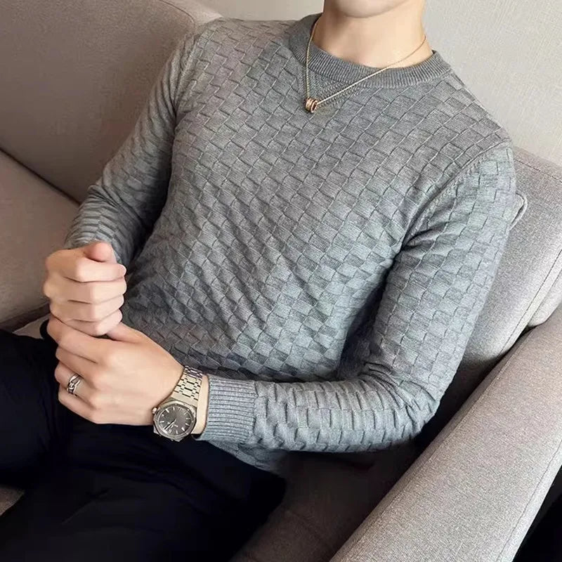 Men's Autumn/Winter O-Neck Sweater – Elastic Jacquard, Slim Fit, Warm Pullover