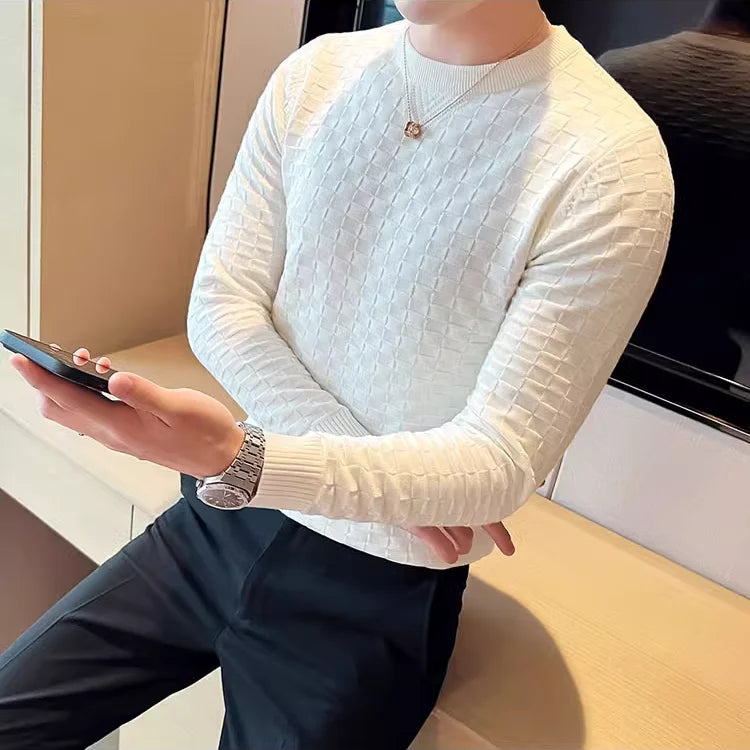 Men's Autumn/Winter O-Neck Sweater – Elastic Jacquard, Slim Fit, Warm Pullover