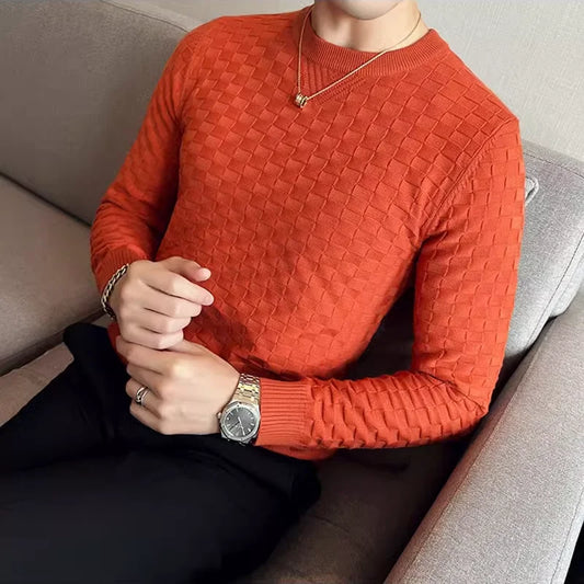 Men's Autumn/Winter O-Neck Sweater – Elastic Jacquard, Slim Fit, Warm Pullover